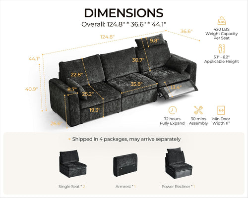 124.8'' Oversized Power Recliner Sofa with Headrest, Extra Wide Deep Modular Cloud Sectional Reclining Couch Wall Hugger, Convertible 3-Seater for RV Home Theater Living Room, Chenille, Black