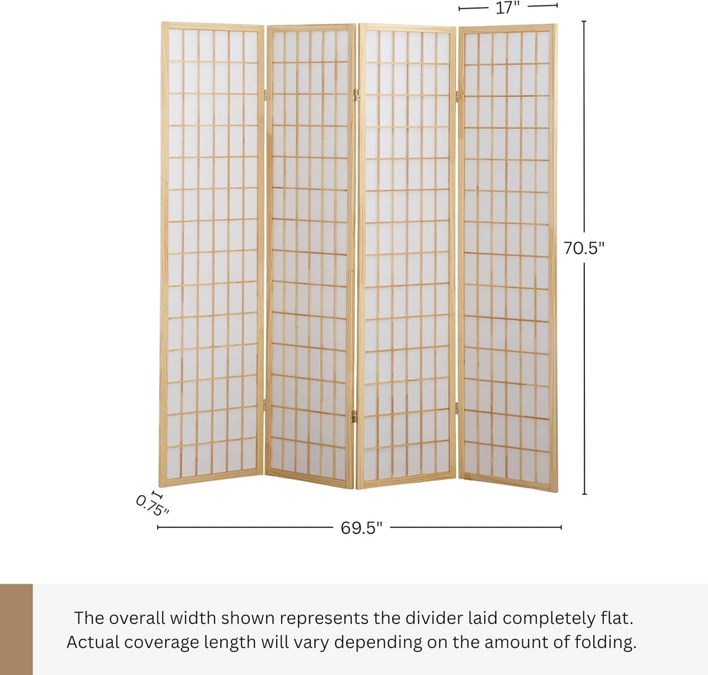 Roundhill Furniture Oriental Shoji 4 Panel Screen Room Divider, Natual