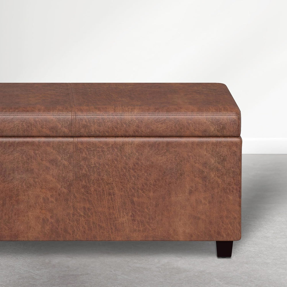 SIMPLIHOME Avalon 54" Vegan Leather Ottoman in Distressed Pecan Brown
