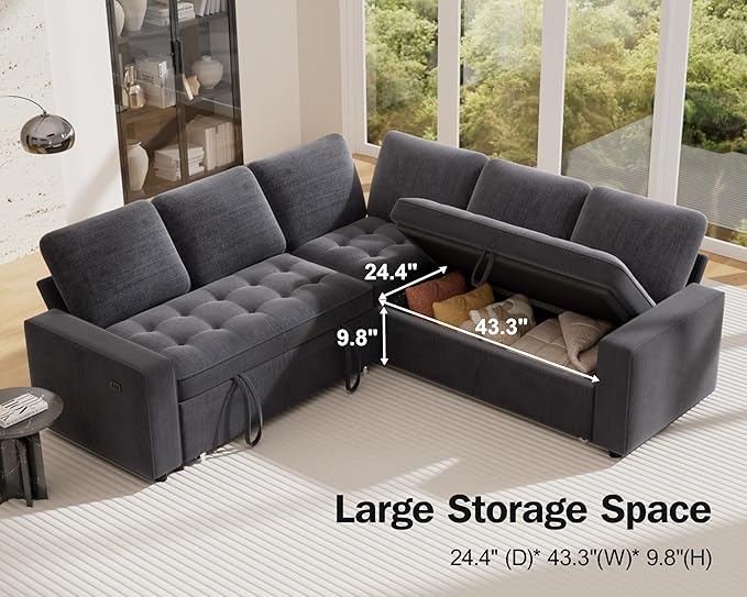 Vipbear 5 Seat L Shaped Modular Sectional Sleeper Sofa Bed with Pull Out Bed/Reclining Backrest/USB Ports/Storage Seat, Sectional Sleeper Couch, Tool-Free Assembly, Chenille Dark Grey
