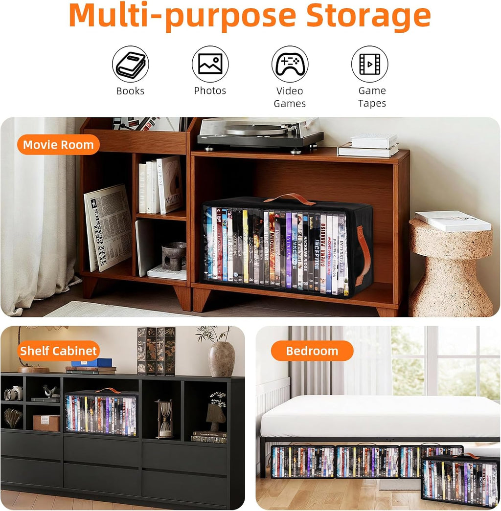 2 Pack DVD Storage Box, Stackable Oxford Fabric DVD Cases Holder with Front Zippered Clear Window and Handles, 15.7 x 7.9 x 6.1 In, Foldable DVD Organizer Rack, Holds Up to 50 DVDs (25 Each)