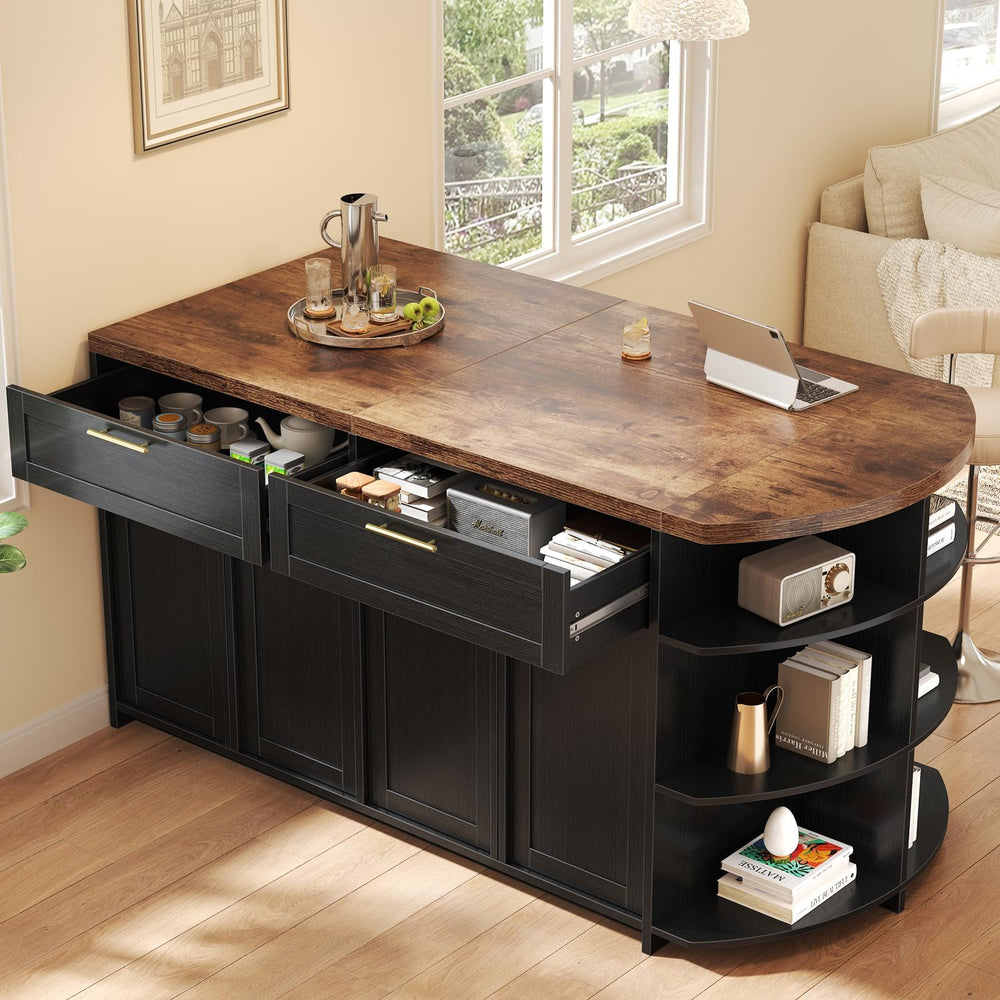 HSH 63 Inch Large Kitchen Island with Storage and Seating, Rustic Brown | Sta...