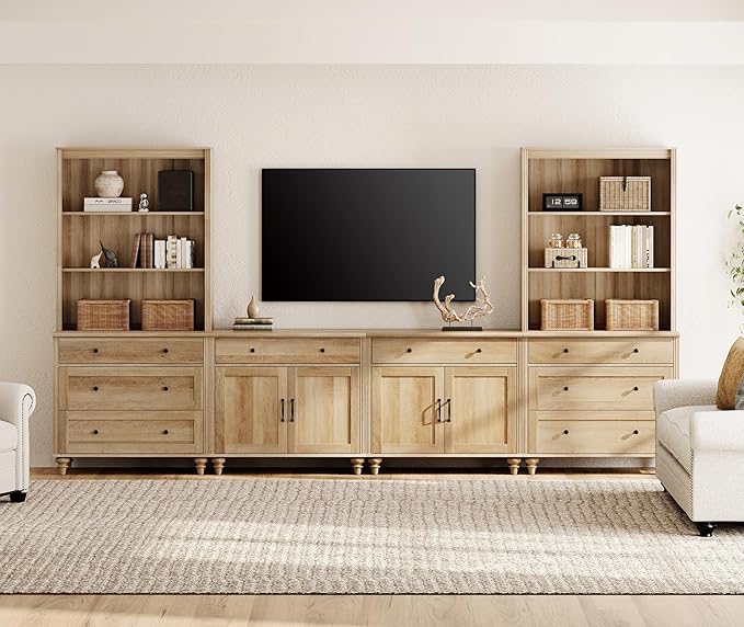 WAMPAT Entertainment Center with Bookshelves for TVs up to 75", Farmhouse Wall Unit TV Stand with Doors & Drawer, Media Console Table for Living Room, Bedroom & Home Theater, Oak