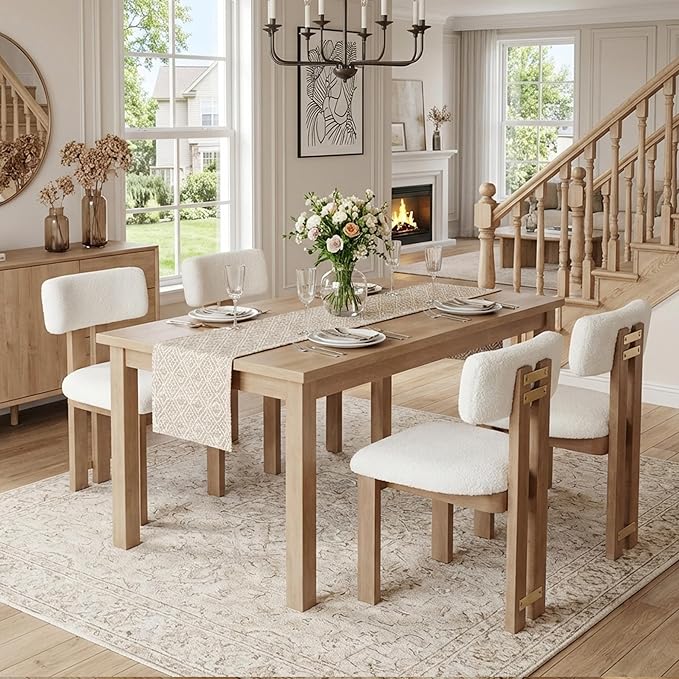 HNY Modern Farmhouse Boucle Sherpa Dining Chairs Set of 2, White Fabric Upholstered Dining Room Kitchen Chairs with Natural Wood Frame & Curved-Back, Armless Accent Wood Chairs for Dining Living Room