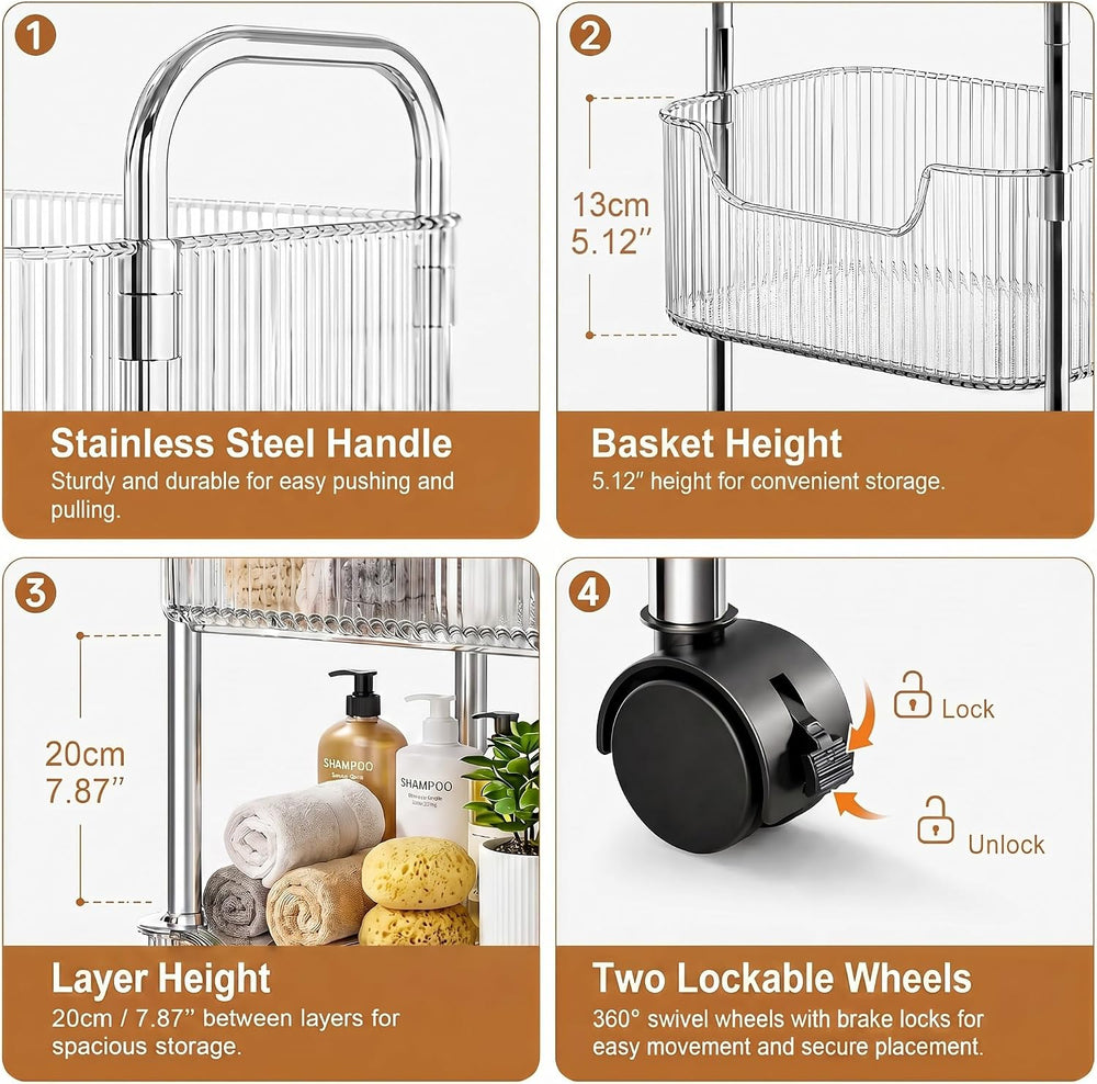 3 Tier Rolling Cart with Wheels, Clear Plastic Storage Cart with Stainless St...