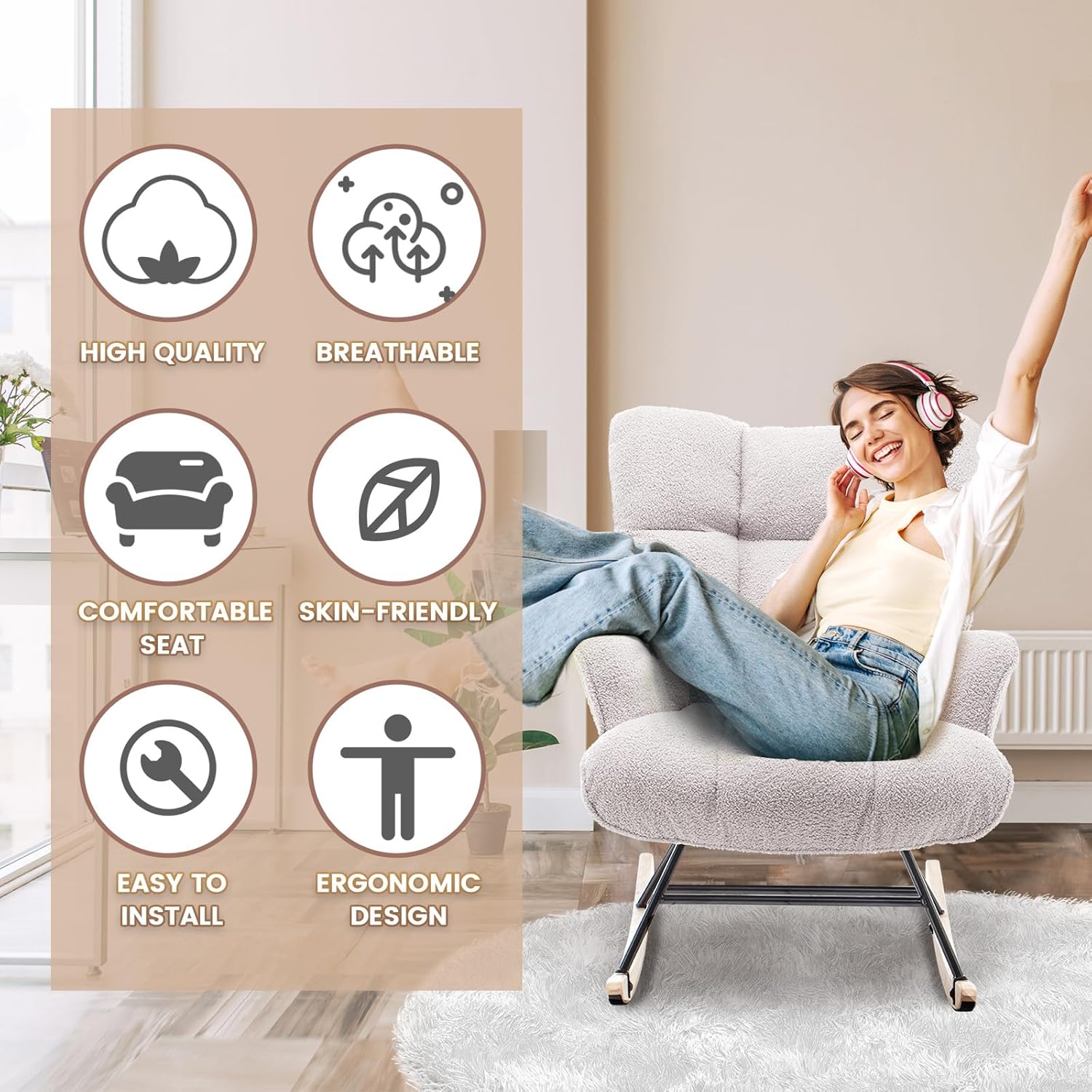 SAETSFEG Rocking Chair Nursery Teddy Upholstered Glider Rocker Rocking Accent Chair Padded Seat with High Backrest Armchair Comfy Side Chair for Living Room Bedroom Offices (Grey Teddy)