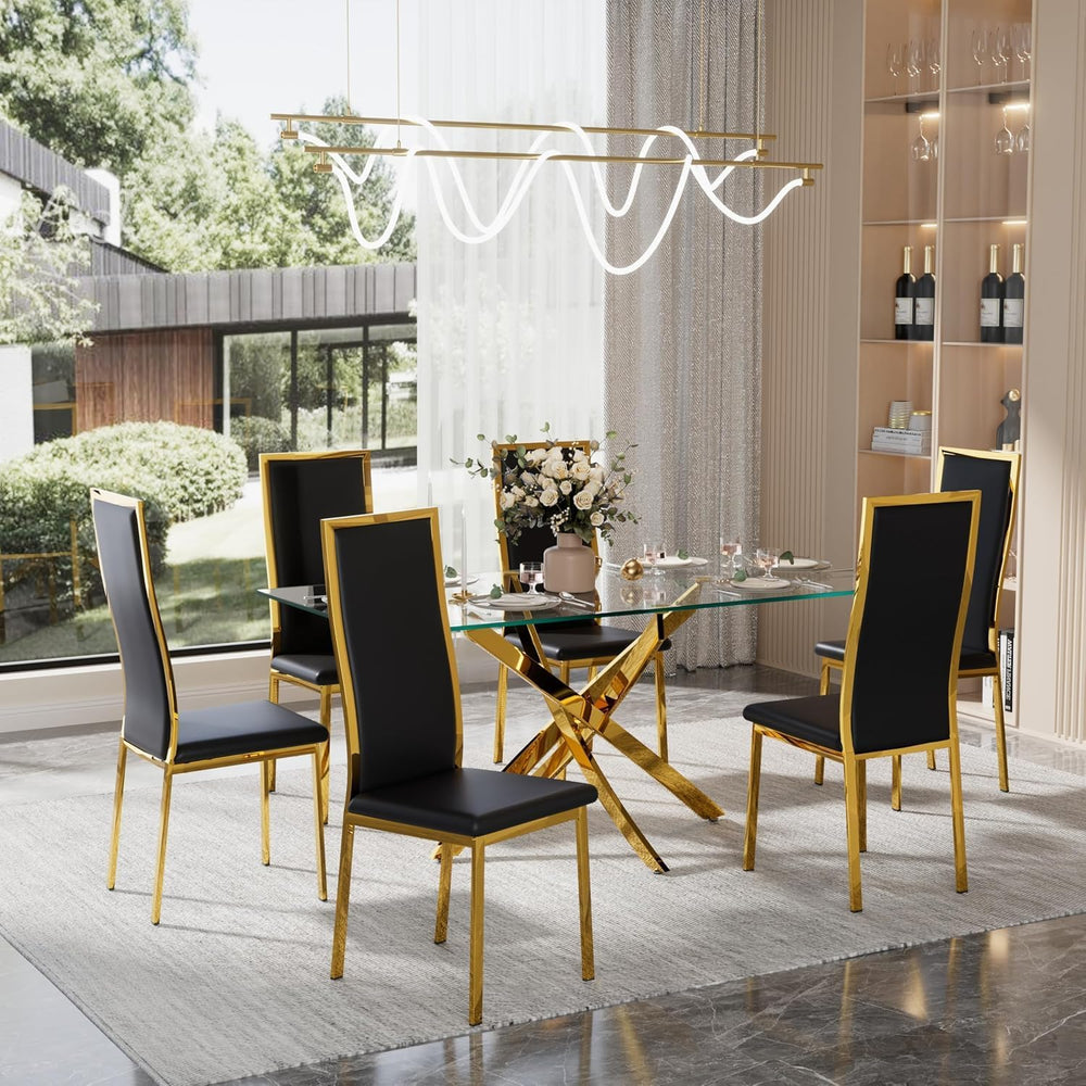 Modern Dining Chairs Set of 6 -Black Faux Leather with Chrome Gold Metal Legs...