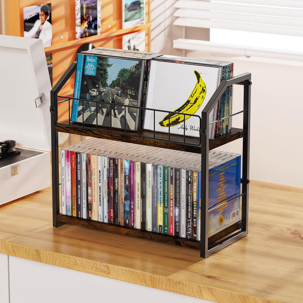 2-Tier CD Holder, Clear CD Storage Rack for Non-slip Feets, CD Organizer with Dispay Top Shelf, Premium CD shelf for Home Office, Holds Up to 60 Standard Rectangular Jewel Cases (Brown)
