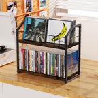2-Tier CD Holder, Clear CD Storage Rack for Non-slip Feets, CD Organizer with Dispay Top Shelf, Premium CD shelf for Home Office, Holds Up to 60 Standard Rectangular Jewel Cases (Brown)