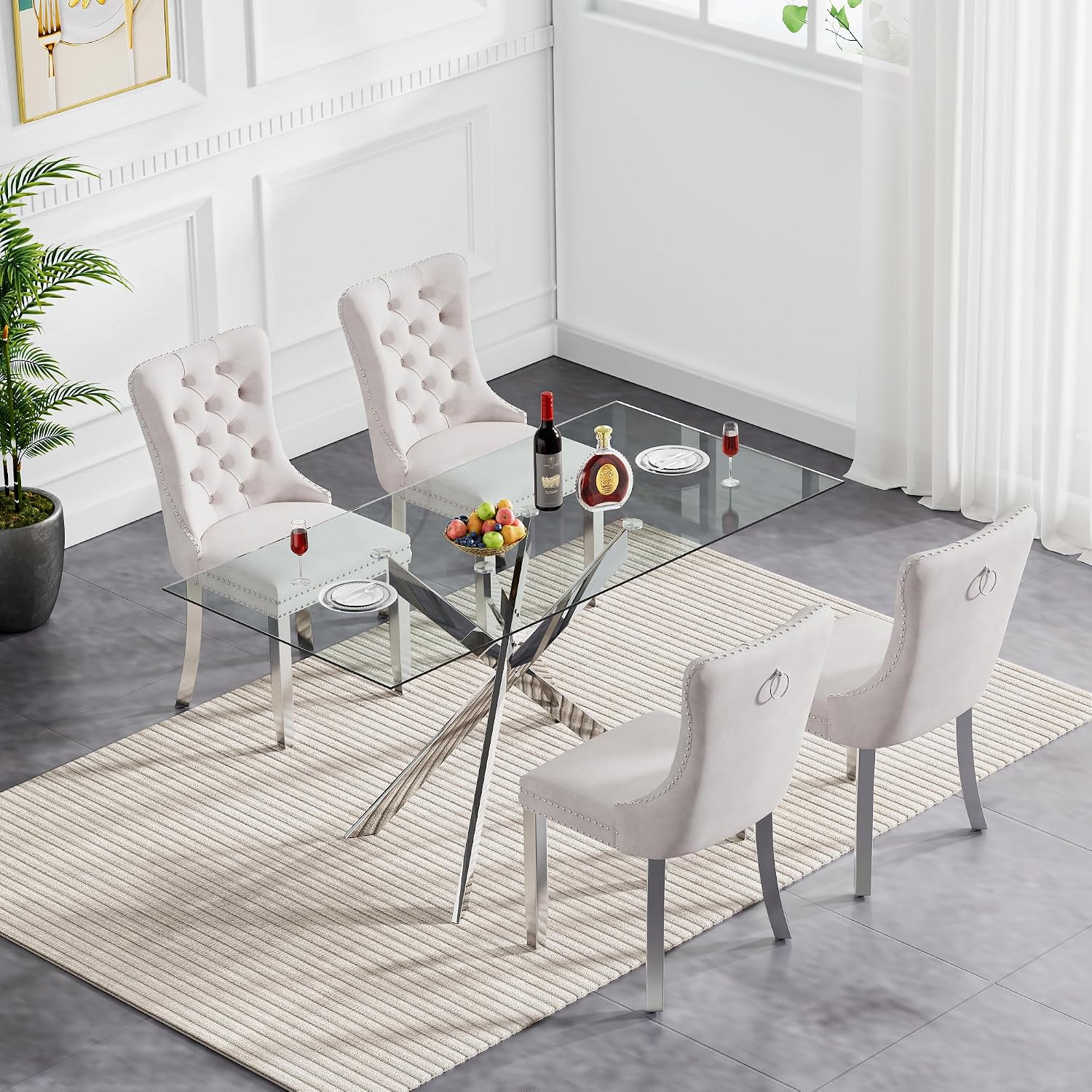 Glass Dining Table Set for 4, Modern Kitchen Table and Chairs Set of 4, 5-Piece Kitchen Dining Room Table Set w/61 Glass Silver Dining Table and 4 Beige Velvet Upholstered Chairs