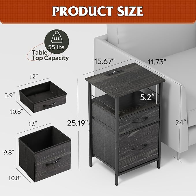 WLIVE Night Stand Set 2, Black Nightstand with Charging Station, Bedside Tabl...