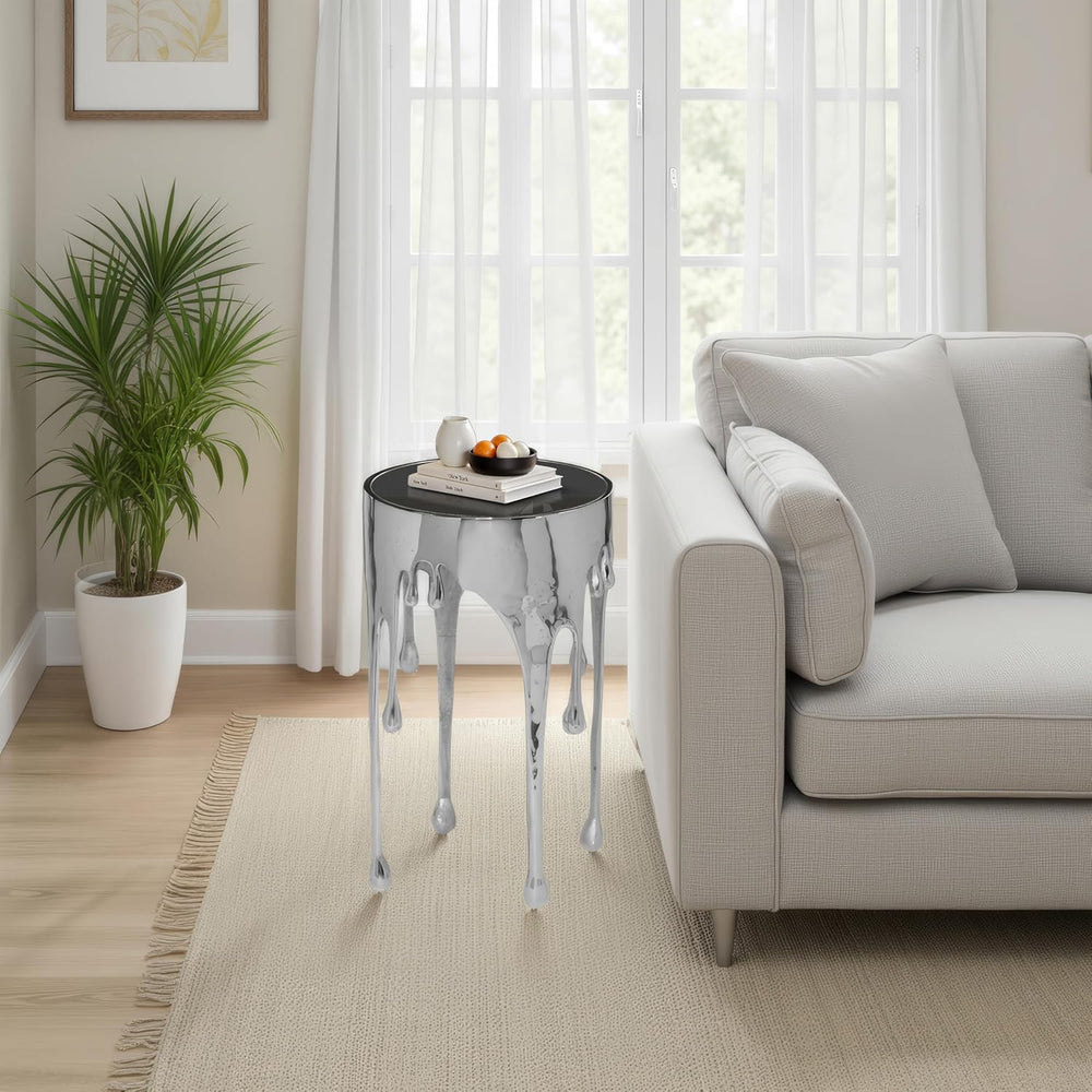TUP THE URBAN PORT Capri Side End Table, 24.75 Inch Round Glass Top, Silver F...