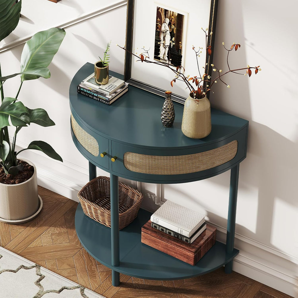 Rovibek 31.5 Inches Rattan Half Moon Console Table for Entryway - Small Entry...