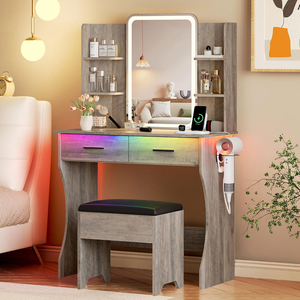 Vanity Desk with LED Lights Mirror & Power Outlet, Small Makeup Vanity Ta...