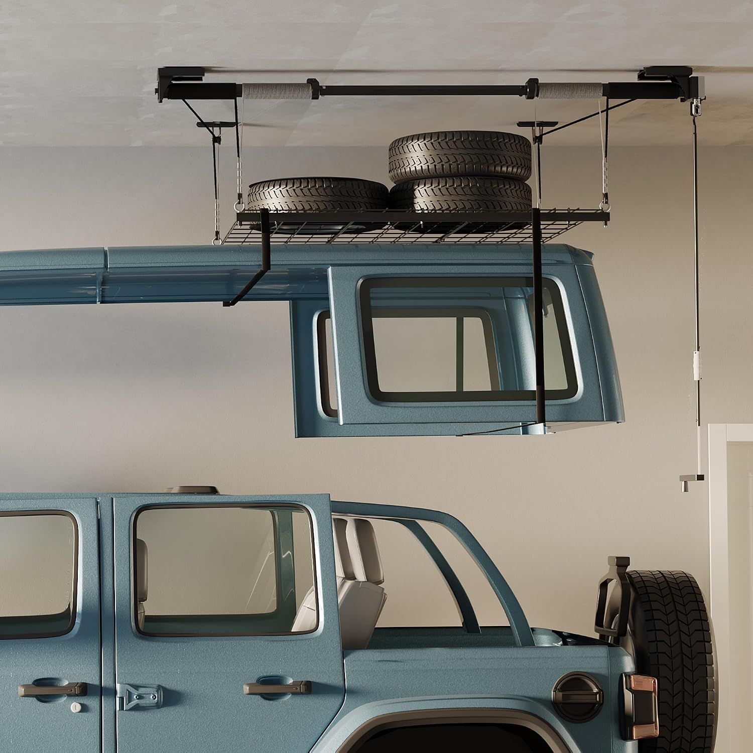 FLEXIMOUNTS Garage Ceiling Lifting Storage Rack, 4x4 Ft Heavy-Duty Metal Frame, Overhead Storage System With 350lbs Load Capacity, Matt Black