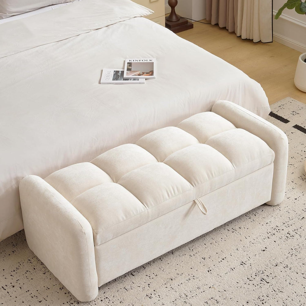Oversized Ottoman Bench with Storage, Chenille Beige | Oversized Storage Benc...