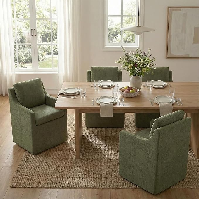 Upholstered Dining Chairs Set of 1, Modern Dining Room Chairs with Casters & Washable Cover, Rolling Accent Chair with Hidden Storage for Kitchen, Farmhouse, Living Room, Green, 1 Box