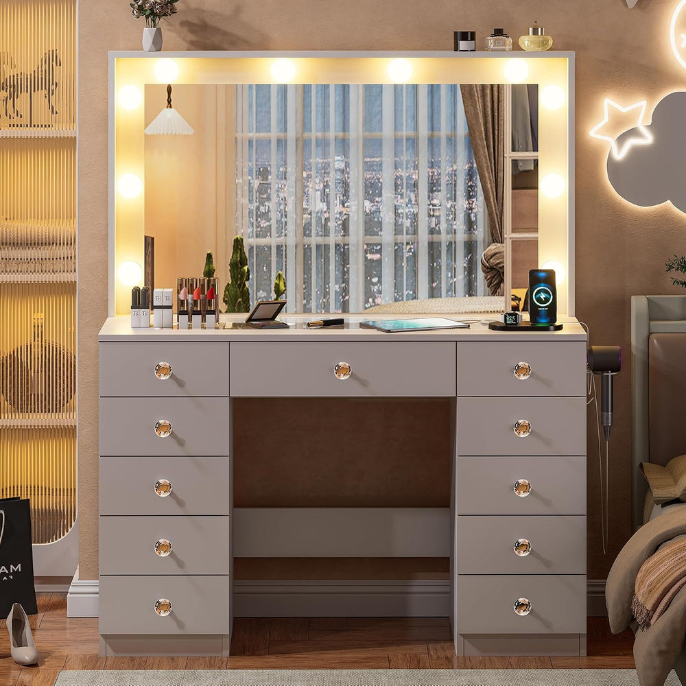 DINGIPP Vanity with Large Mirror and 10 LED Lights, Vanity Desk with Glasstop...