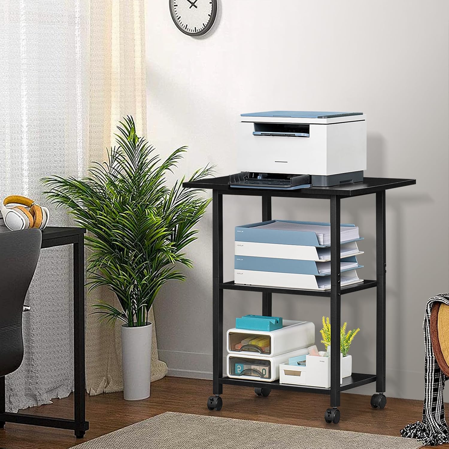 Lerliuo 3-Tier Printer Stand, Industrial Mobile Printer Table with Storage Shelf and Steel Frame, Rolling Printer Cart Holder with Lockable Wheels for Home, Office (Black)