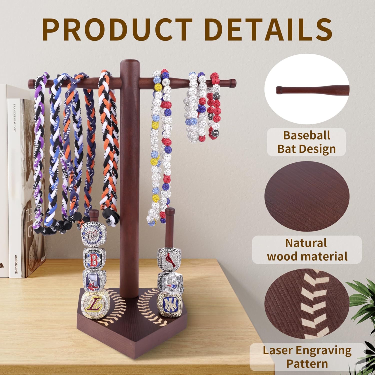 Baseball and Softball Jewelry Organizer - Wooden Display Holder for Championship Rings & Drip Necklaces, All-in-One Sports Ring Holder, Perfect Display Gift for Athletes and Fans