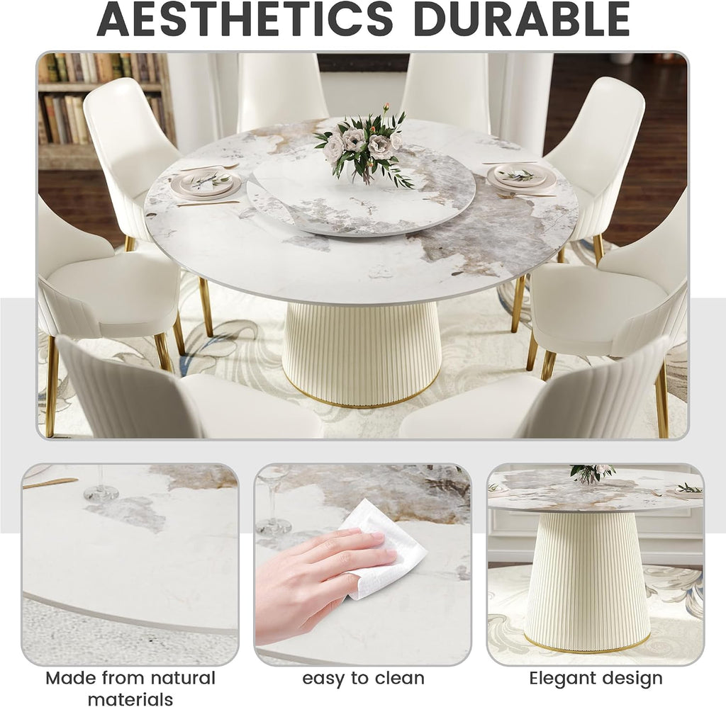 9 Piece Dining Table Chairs Set, Modern Dining Table Set of 8, Includes 59" D Marble Round Table with Beige Cylindric PU Wooden Base, 8 Beige Gold Dining Chairs for Home, Kitchen