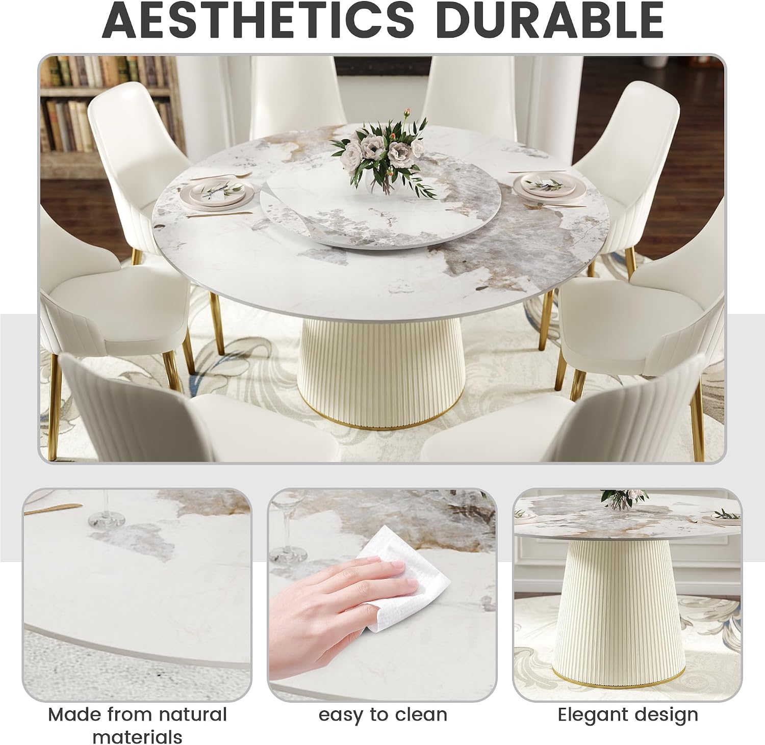 9 Piece Dining Table Chairs Set, Modern Dining Table Set of 8, Includes 59" D Marble Round Table with Beige Cylindric PU Wooden Base, 8 Beige Gold Dining Chairs for Home, Kitchen