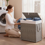 Woven Laundry Basket with Lid, Large Hamper with Removable and Machine-Washable Liner, Foldable Rattan Clothes Hamper, Sturdy Steel Frame, Odor Control, 110L Capacity, Dove Gray