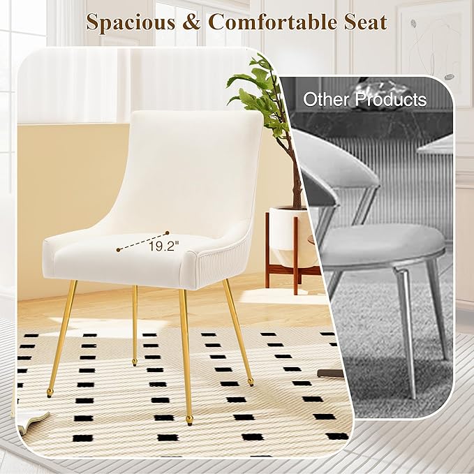 Velvet Dining Chairs Set of 4, Modern Upholstered Kitchen Chair with Pull Handle & Pleated Back, Mid Century Accent Chair with Gold Metal Legs for Vanity,Dining,Kitchen,Living Room, Beige