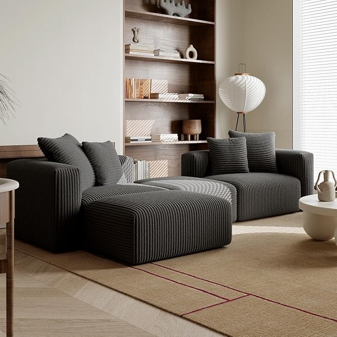 Acanva Corduroy Convertible Modular L Shaped Sectional Sofa, 4 Seater Free Combination Corner Couch, Convertible to DayBed, Wide Loveseat with Moveable Ottomans for Small Spaces, Sleeper Bed, Black