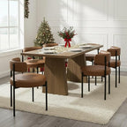 Faux Leather Dining Chairs Set of 4, Upholstered Kitchen and Dining Room Chairs, Mid-Century Modern Dining Chairs with Round Back and Black Metal Legs, Vegan Leather, Brown