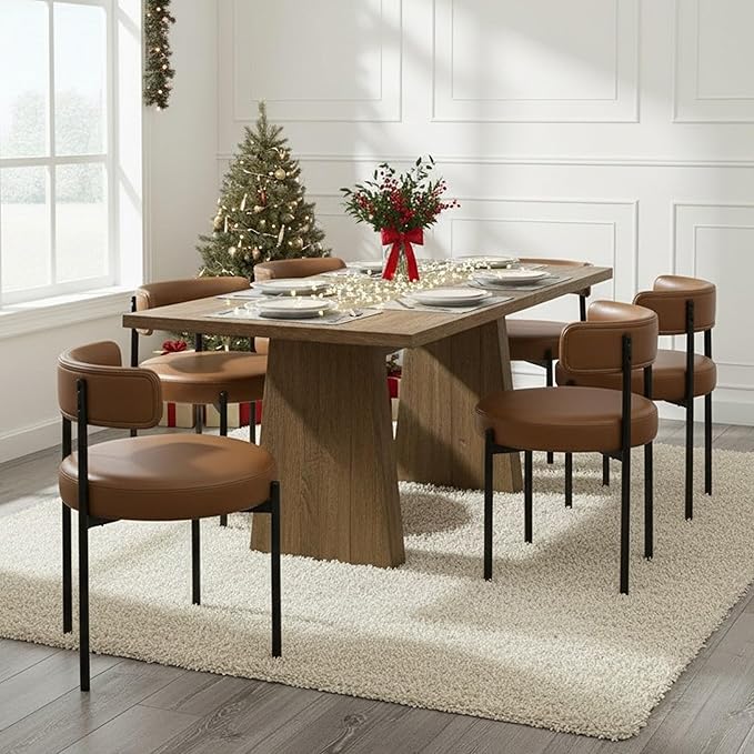 Faux Leather Dining Chairs Set of 4, Upholstered Kitchen and Dining Room Chairs, Mid-Century Modern Dining Chairs with Round Back and Black Metal Legs, Vegan Leather, Brown