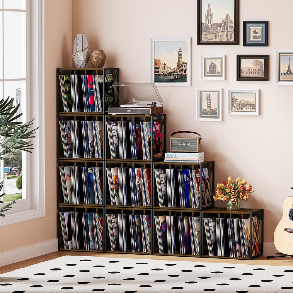 Vinyl Record Storage,Vinyl Record Holder Up to 80-100 Albums,4-Compartment Re...