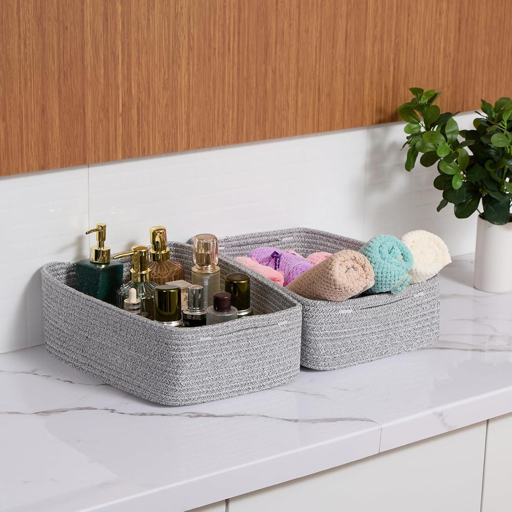 Large Shallow Organizing Baskets 15x11x5.1 Inches - Rope Woven Storage Bins for Bathroom, Shelves, Cube Closet, Mixed Grey 3 Packs