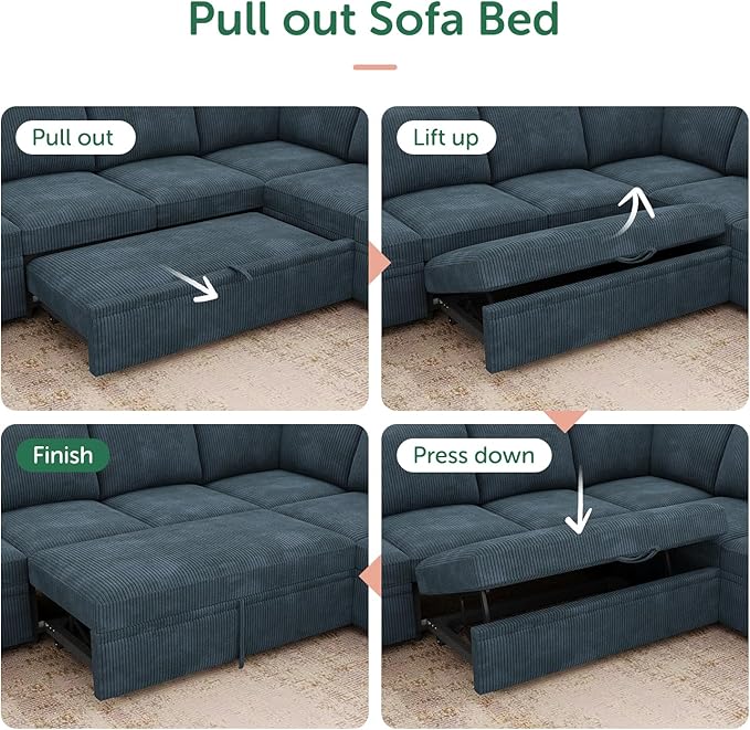 HONBAY Modular Sectional Sleeper Sofa with Pull Out Bed, Corduroy Couch with Storage, U Shaped Sectional Couches for Living Room, Blue