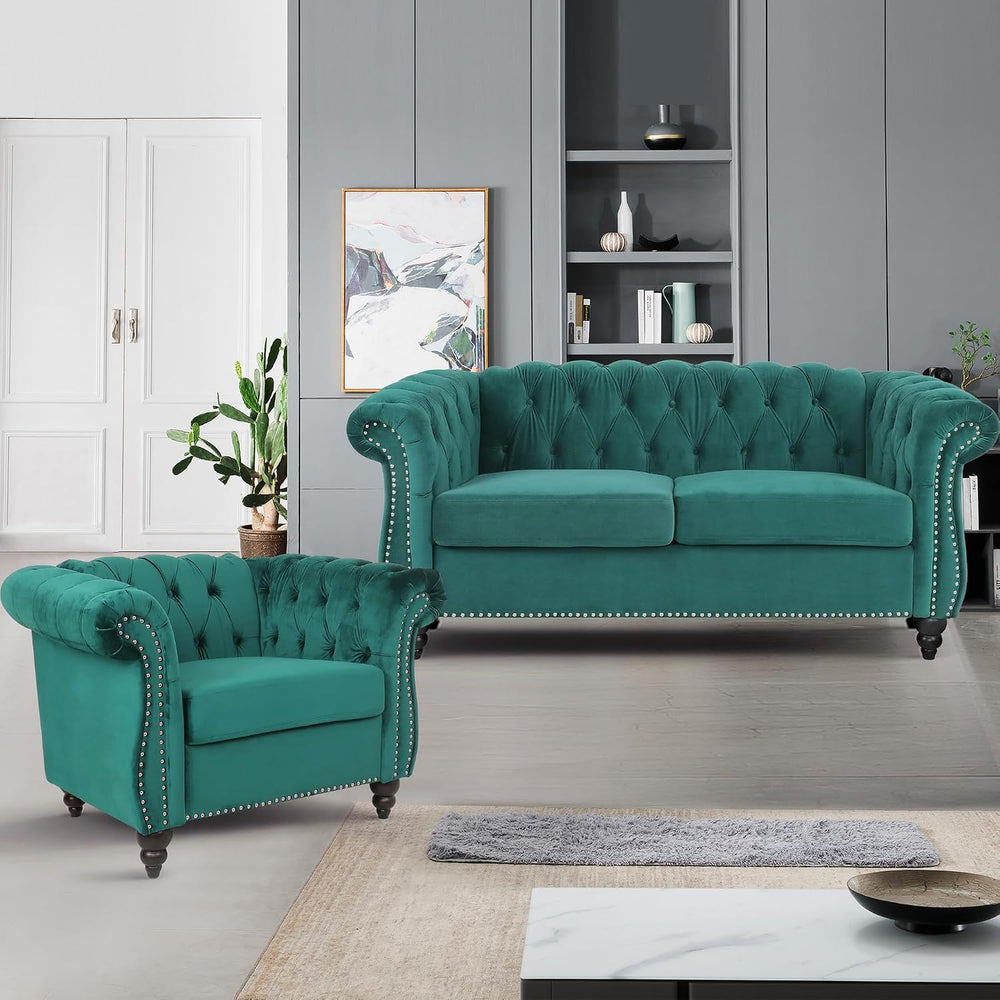 Velvet Sofa Couches Set, 3-Piece Mid Century Modern Upholstered Couch with Cu...