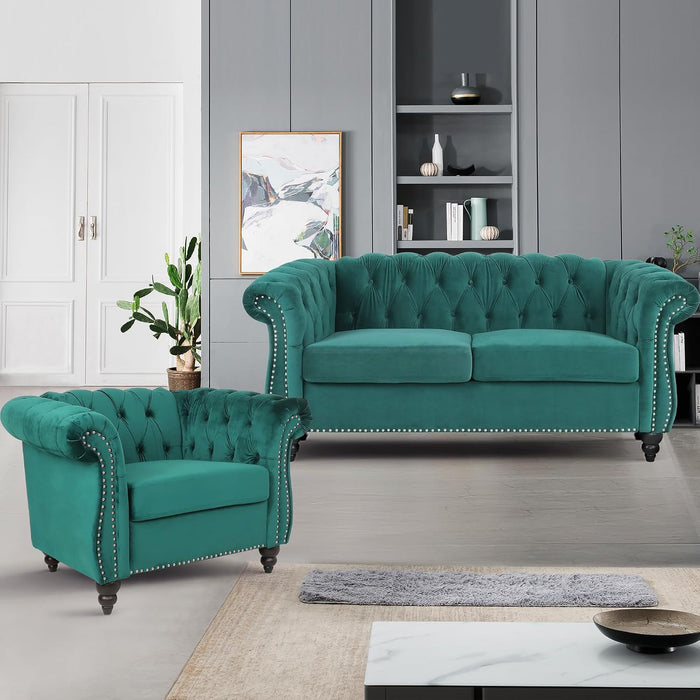 Velvet Sofa Couches Set, 3-Piece Mid Century Modern Upholstered Couch with Cushions, Home Sofa Sectional Furniture Sets, Comfy Tufted Chesterfield Couches for Living Room, Bedroom, Office