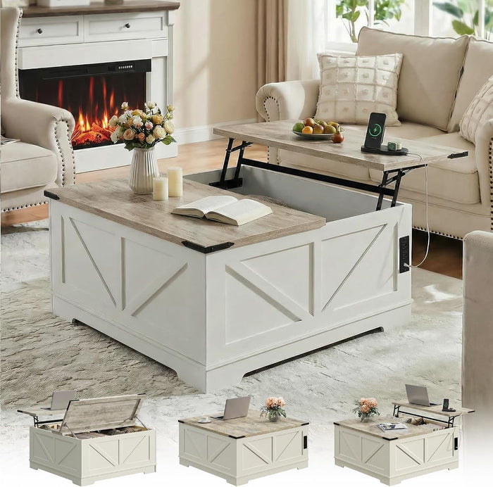 BREEZEHEAT Farmhouse Lift Top Coffee Table with Storage, Large 40" Wood Square Coffee Table with Charging Station&USB Port, Living Room Table w/Hidden Space, for Living Room,Home Office, White