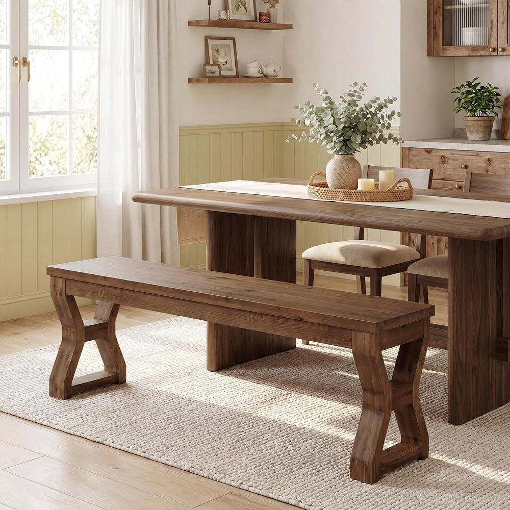 Set of 2 Solid Wood Dining Bench with Sturdy X-Cross Legs | 55" Farmhous...