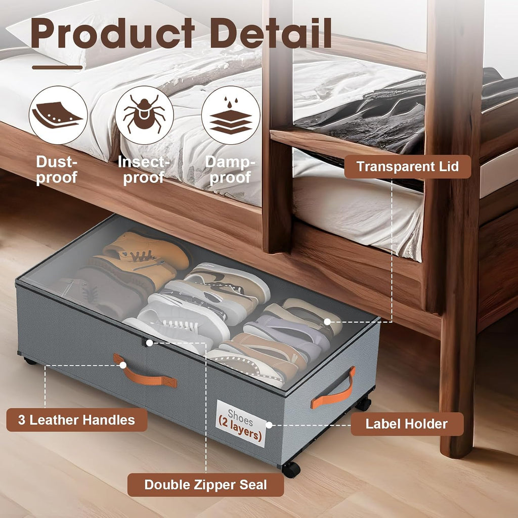 Eastherry Under Bed Storage Containers with Wheels, 9.5 inches Higher Underbed Shoes Blankets Clothes Toy Storage Drawers for College Dorms Bedrooms Nursery Rooms Organization, 2 Pack to be Assembled