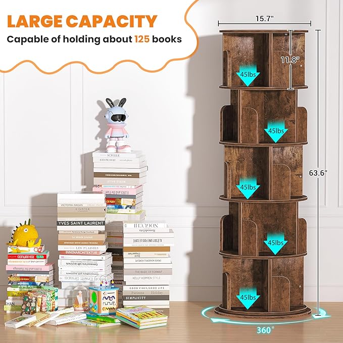 Rotating Bookshelf Tower, 5 Tier Spinning Bookcase, Revolving 360 Book Shelf ...