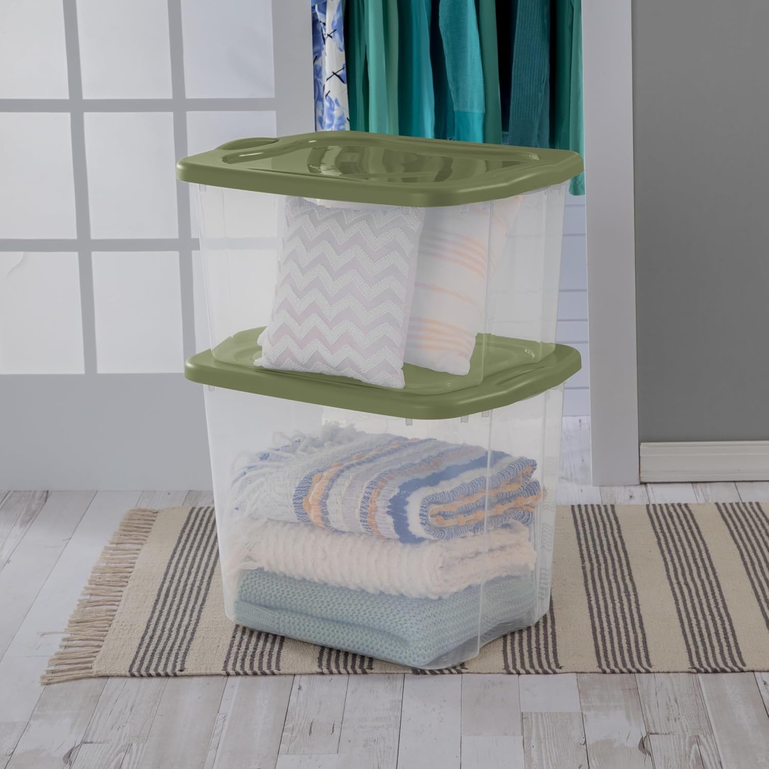 (2 pack) 70 Quart Heavy-Duty Plastic Storage Bin with Full-Grip Handles and Lids,Green Clear Stackable Storage Bins for Hoilday Decor|Garage Organization