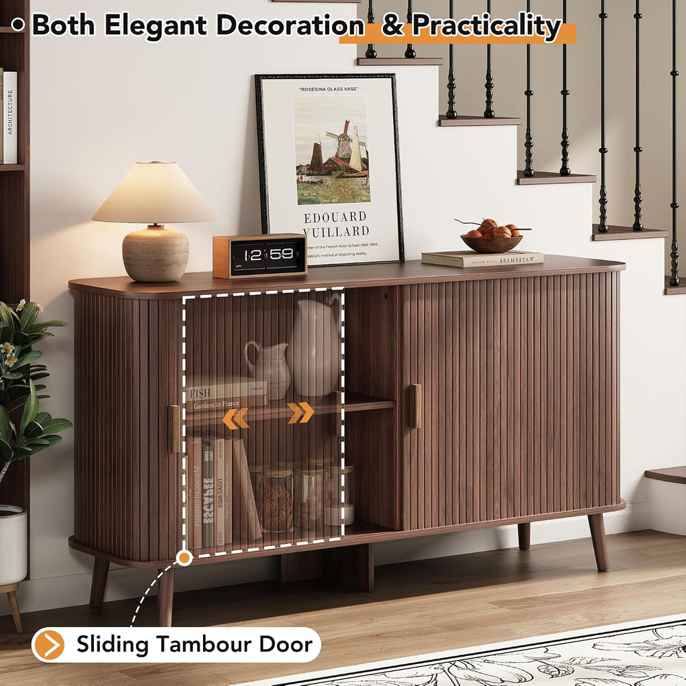 55" Fluted Sideboard Buffet Cabinet with Sliding Door, Mid-Century Moder...