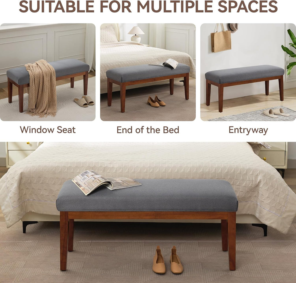 WUTUTUEE 43.5'' Linen Bedroom Bench, Upholstered End of Bed Bench, Padded Vintage Dining Bench, Entryway Bench with Solid Wood Legs, Kitchen, Living Room, Hallway, Dark Grey