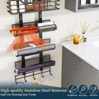 Consumest 6-Tier Hair Tool Organizer - Hair Dryer Holder Over The Door/Wall Mounted DIY Adjustable Shelf Bathroom Door Organizer with Hook for Curling Iron/Blow Dryer/Straightener Black