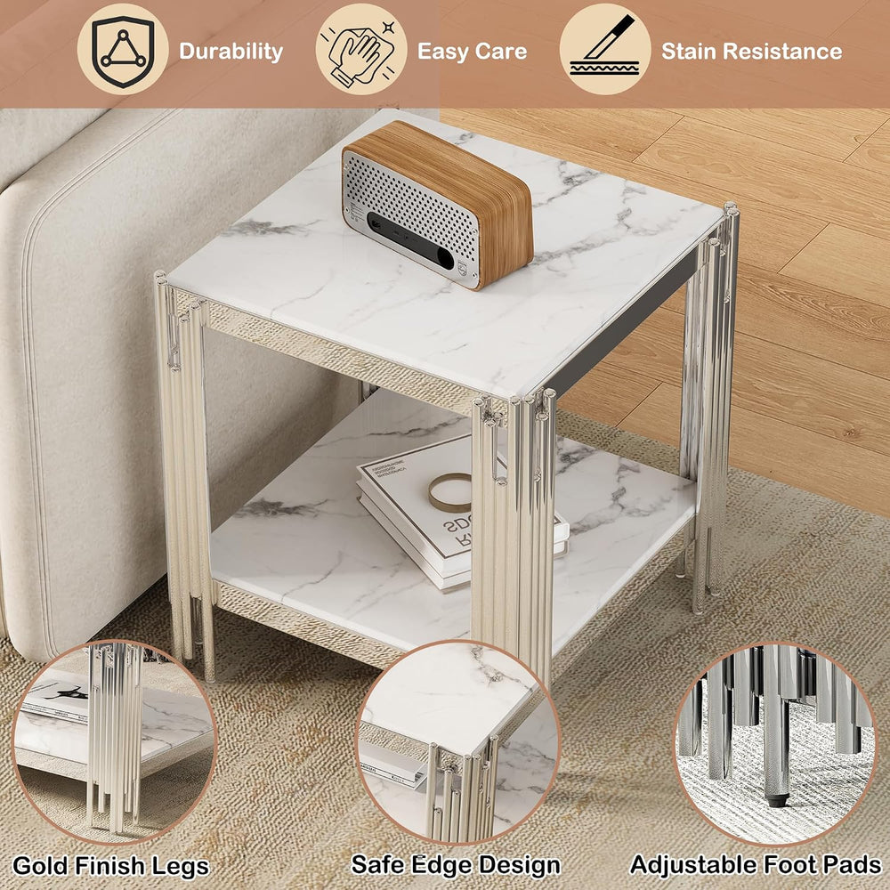 19" White Marble Side Table, 2-Tier Square Modern End Table with Silver ...