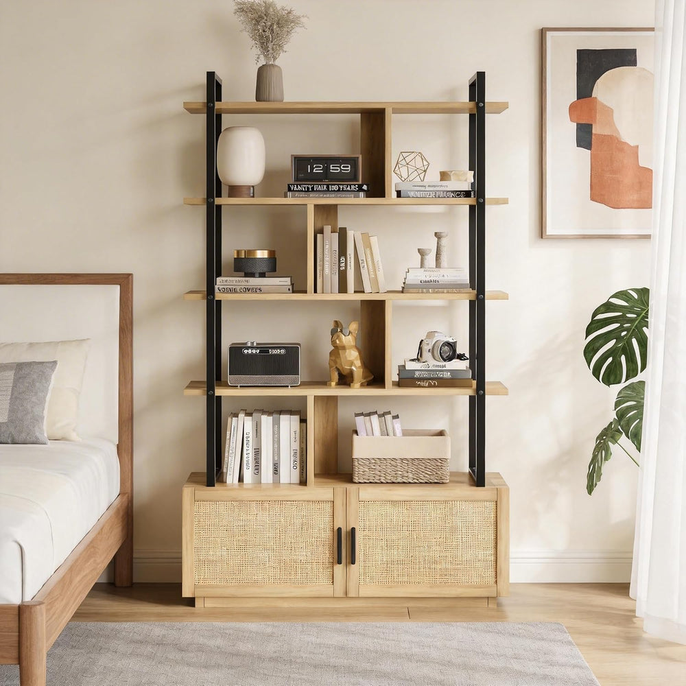 GAOMON 71.1 Inch 5 Tier Rattan Bookshelf with Storage Cabinet & Door