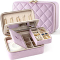 Velvet Travel Jewelry Box with Large Mirror, Double-Layer Jewelry Organizer Case for Women and Girls, Portable Storage Case with 6 Anti-Tarnish Bags Gift Ready for Her (Lavender)