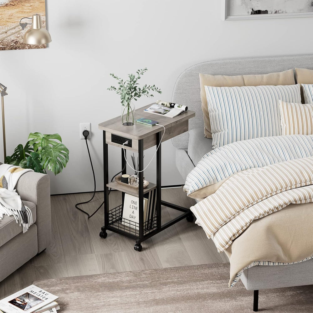 TrailBlaze C-Shaped Side Table with Charging Station, Flip Top End Table with...