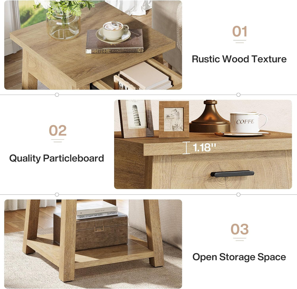 Tribesigns Farmhouse Square Side Table, 2 -Tier Wooden End Table with Drawer,...