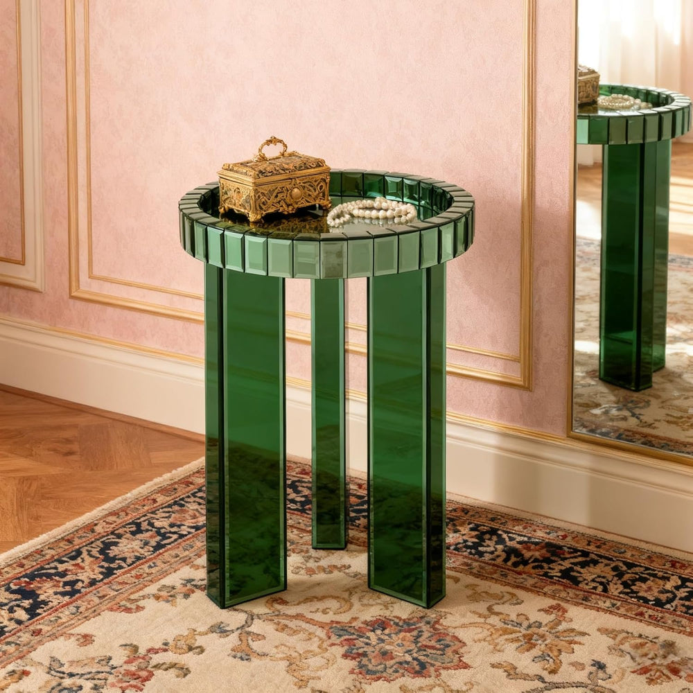 SHYFOY Green Mirrored End Table, 23" H Round Glass Side Table with Three...